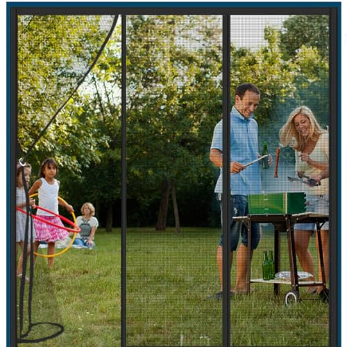 Alwayswhy Magnetic Fly Screen Door, Double Door Anti Mosquito Mesh Fly Curtain, Heavy Duty Fly Door Screen Mesh, for Balcony Sliding Doors, Black, 190(63/64/63) 200cm