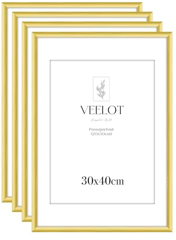 Veelot® 4x Bilderrahmen 30x40cm | Metall Aluminium,Gold mat | Passepartout 20x30cm,Picture Frame 30x40 Bilderrahmen mit bruchsicherem Acrylglas | Nur zur Wandmontage