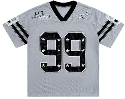 Yimoon Herren-Jersey-Hemd, übergroße Zahlen-Grafik-T-Shirts, kurzärmelig, Netz-T-Shirt, Vintage-Stil, 90er-Jahre, Y2K, Streetwear, GRAU, L