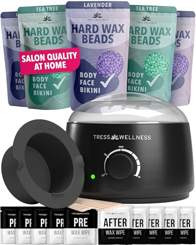 Tress Wellness Waxing Kit for Sensitive Skin – Safe for Face & Skin, Prep & Aftercare Wipes, Easy to Use – At-Home Kit for Face, Bikini, Brazilian & Full Body - Black, No Display