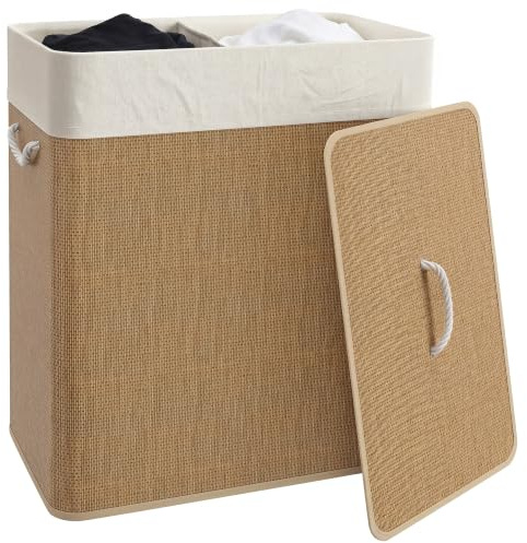 HOMCOM Bambus Wäschekorb mit Deckel Herausnehmbarer Wäschesack 100 L Braun | Wäschesammler, mit Seilgriffen, Laundry Baskets, Wäschesortierer, für Waschküche Schlafzimmer Badezimmer
