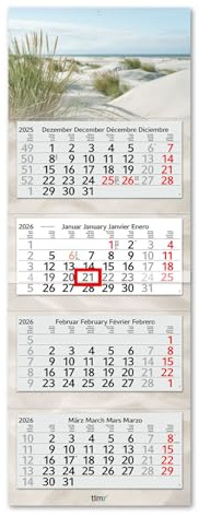 Timr 4-Monatskalender 2026 - Wandkalender 4 Monate mit Datumsschieber rot - 33 x 90 cm Viermonatskalender mehrsprachig D/GB/F/ES I Motiv Dünen I Kalender für Büro Praxis I Geschenkidee I tr309
