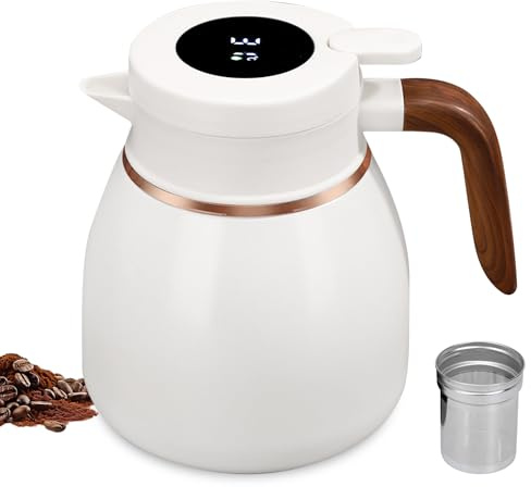 Thermoskanne 1.1L, Isolierkanne aus Edelstahl mit Keramikbeschichtung, Kaffee Thermoskanne, Kaffeekanne Thermo mit Teesieb, Rutschfester Boden