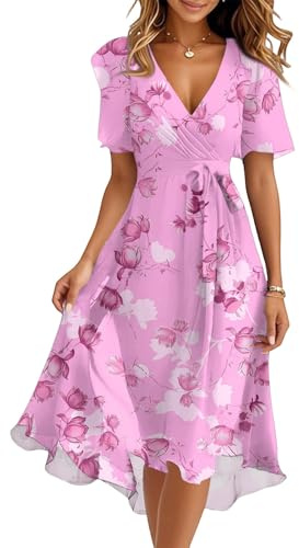 Midi Kleid Damen Sommer Blumen A Linie Sommerkleid Lang Elegant Musselin Wickelkleid V Ausschnitt Italienische Kleider Kurzarm Sommerkleider Leicht Und Luftig Blumenkleid Ibiza Strandkleid