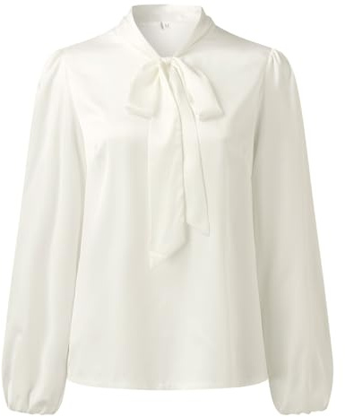 Generisch Chemise à manches longues pour femme - Couleur unie - Avec cravate à l'avant - Décontractée - Printemps été - Chemisier - Haut pour femme, Blanc., L