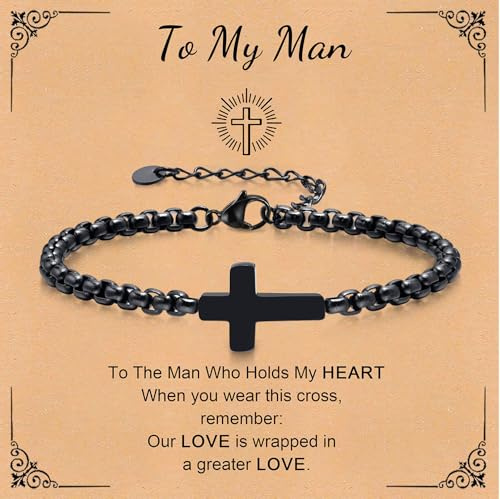 XUANPAI Cross Chain Bracelets for Men, Black Stainless Steel Cross Charms Men's Bracelet, Faith Religious Catholic Christian God Jesus Communion Baptism Jewelry Gift with Card (To my Man)