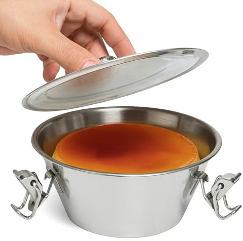 CHEFZOCO Flanero con Tapa y cierre, Flanera Individual, Apto para horno, Se utiliza para flanes, gelatinas, muffins o puddings o conservar alimentos, Acero Inoxidable, 18 cm diametro x 8 cm altura