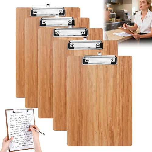 HOVCEH 5 Stück Klemmbrett A4 Holz, Klemmbretter A4, Klemmbrett Holzoptik, Clipboard Schreibbrett Klemmbretter mit Metalklemme und Haken für Büro, Restaurant, Schule (Hellbraun)