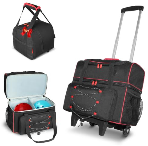 LIWSHWZ Bowlingtasche mit 3 Bällen mit Rollen, 1 Balltasche + 2 Ball-Bowlingtaschen mit Schuhfach, 600 x 300D wasserabweisendes Oxford und mehrere Taschen, leicht zu rollen, für Liga- und