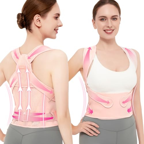Vicorrect Posture Correttore per donne e uomini: fascia per la schiena per alleviare il dolore nella parte superiore della schiena e delle spalle (rosa, M)