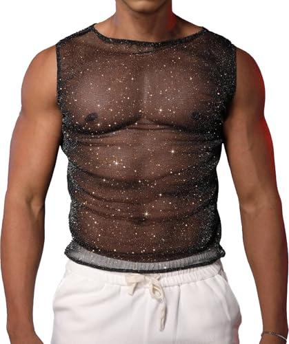 AIEOE Herr genomskinlig glitterväst glänsande nät muskel tank klubbkläder fest rave outfit ärmlös mode topp, Svart, one size