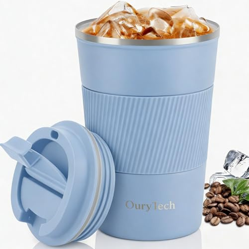 OuryTech Insulated Coffee Tumbler, 380 ml, Taza de café para Llevar, Vaso de Acero Inoxidable con Tapa, a Prueba de derrames, Doble Pared aislada, Mantiene Las Bebidas Calientes y frías (Azul Claro)