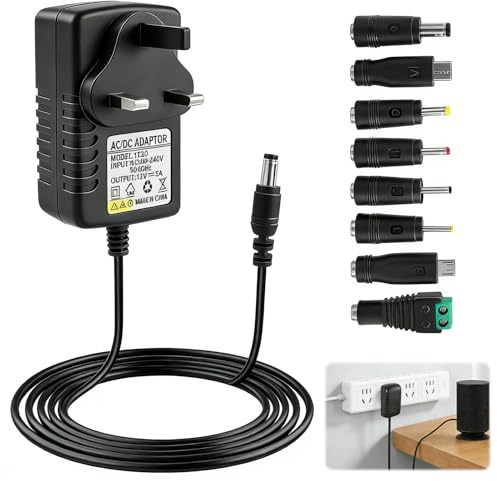 Universal 12V 3A Power Adapter AC to DC 36W with 8 Interchangeable Tips, 100-240V Input 50-60Hz, Multi Connector Charger Power Supply for LED, Router CCTV Camera Monitor Household Electronics MP3/MP4
