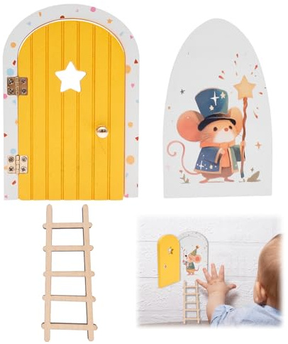 Miniature Fairy Door with Ladder Wooden Magical Tooth Fairy Door Handmade Children's Room Decorations Elf Mouses Miniature Tiny Doors for Kids’ Imaginative Play, Handmade Fantasy Storytelling Use