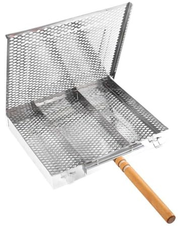 URPIZY Parrilla rectangular de acero inoxidable con mango de madera para barbacoa, picnic y camping, 25,5 x 30,5 x 4 cm