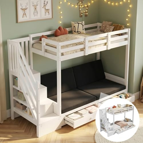 Generisch Etagenbett 90x200 cm, multifunktionales Doppelbett mit Treppenschrank und 2 Schubladen, unteres Bett als Sofa nutzbar mit Kissen, Hochbett aus Holz, Weiß, ohne Matratze