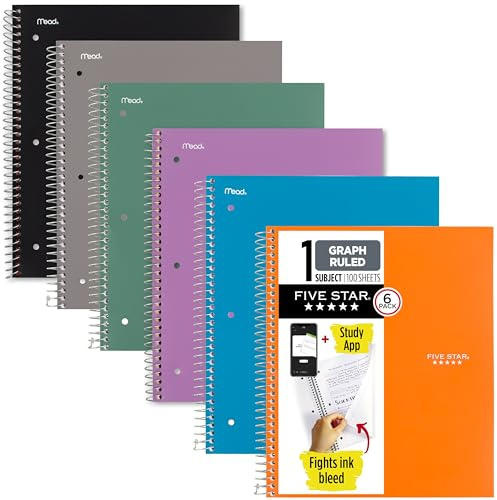 Five Star Spiral Notebook + Study App, 1 Subject, Graph Ruled Paper, 8.5 x 11, 100 Sheets, Assorted Colors, 6 Pack (73549)