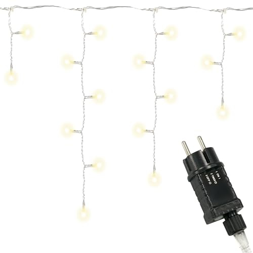 Nipach GmbH 200 LED warm weiß Eisregen Eiszapfen Kette Lichterkette Trafo Timer transparentes Kabel Außen Weihnachtsdeko Partylichter Weihnachtsbeleuchtung