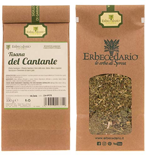 Erbecedario - Tisana del Cantante con Erisimo Altea Salvia e Liquirizia, Infuso utile per il benessere della gola e del cavo orale, Tisana fredda favorisce il normale tono della voce, 1 Sacchetto 100g