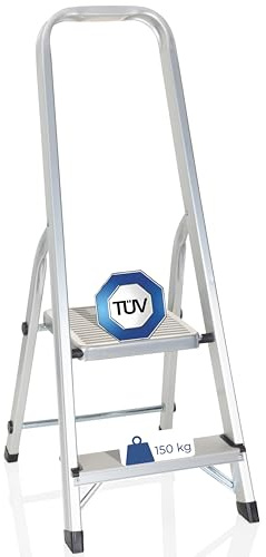 hjh OFFICE 801102 Escabeau Pliant Solide en Aluminium avec 2 marches et Barre de sécurité Charge Max. 150 kg Argenté