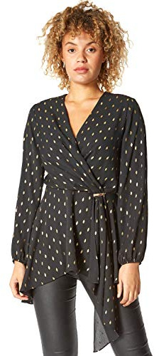 Roman Originals Women Metallic Spot Print Asymmetric Wrap Top - Ladies Smart Formal Evening Party Foil Printed V-Neck Long Sleeve Tie Side Blouse Tops - Black - Size 18