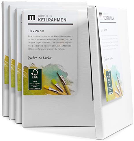 5er-Set 18x24cm Künstler-Leinwand Canvas zum Bemalen. Die leere, weiße Leinwand aus 100% Baumwolle ist umlaufend aufgespannt auf FSC® Holz-Keilrahmen mit 17mm Stärke, 280g/m², 2-fach weiß grundiert