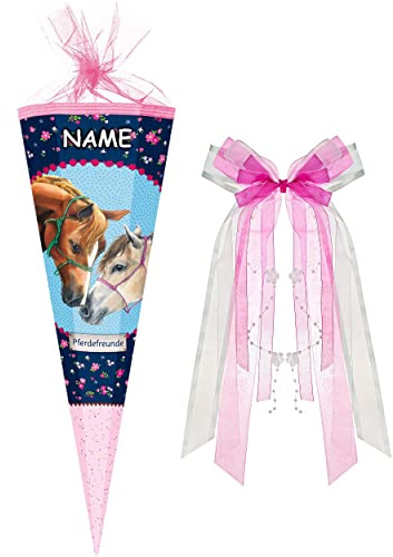 Schultüte Größenwahl Pferdefreunde - Pferde & Schmetterlinge - 100 cm - eckig - incl. Name und große Schleife - Tüllabschluß - Zuckertüte - Nestler - mit ..