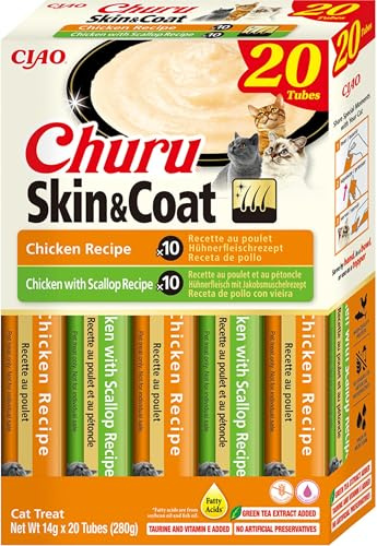 Churu Skin & Coat by INABA Cat Treat - Chicken Variety Box - 1 Pack (20 x 14g total) / Soft & Creamy Cat Treat, Delicious & Healthy Snack, Purée Food Topper, Natural, Grain Free
