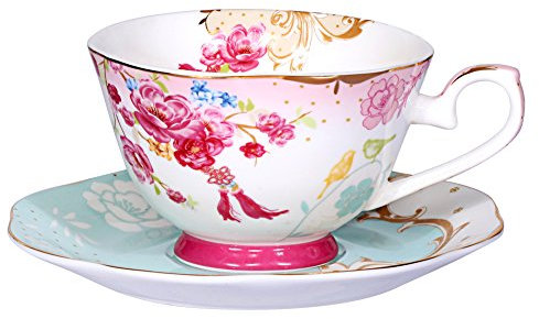 AWHOME Teacup and Saucer Sets Vintage Royal Fine Bone China Tea Cups Red Flower Boxed Set 7-Oz (red)
