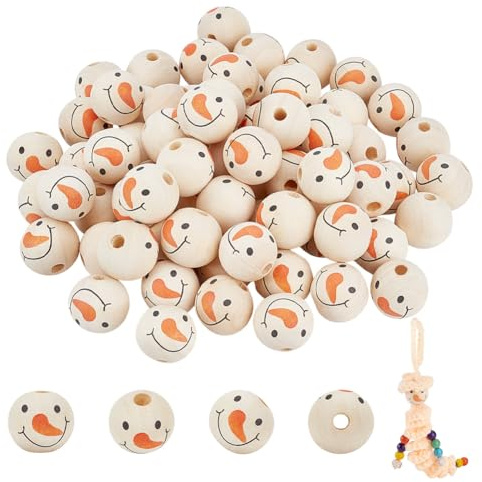PH PandaHall 70 Stück Holzperlen, Schneemann, Holzperlen, 20 mm, natürlich, bedruckt, Gesicht, rustikale Weihnachtsperlen für Makramee, Blumenstrauß, Erntedankfest, Weihnachtsbaum