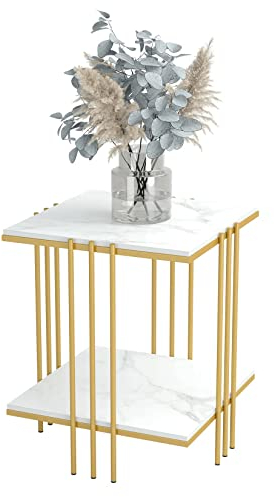 FATIVO Beistelltisch Gold Nachttisch Marmor: 2 Ablagen Couchtisch Wohnzimmertisch mit Goldenem Metallgestell für Wohnzimmer Schlafzimmer 44.5X44.5X 55.5 cm