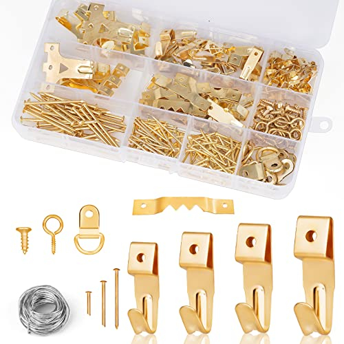 Ainiv 276 PCS Picture Hanging Hooks Kit, Heavy Duty Copper Hooks with D Rings, Strand Sawtooth Hangers, Picture Hangers for Photos Frames Mirrors Wall Painting Clock Bags Clothes (Gold)
