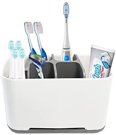 VAKOWOO Zahnbürstenhalter, elektrischer Zahnbürstenhalter, abnehmbar, multifunktional, großer Aufbewahrungs-Organizer für Zahnbürstenkopf, Zahnpasta, Badezimmer, 6 Aufbewahrungsfächer, Grau