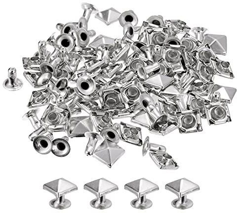 sourcing map 50 Sets Spike Rivet, 7mm Pyramid Rapid Rivet Studs Square Punk Spikes Leathercraft Decoration for Clothing Belts Bags Shoes, Silver Tone