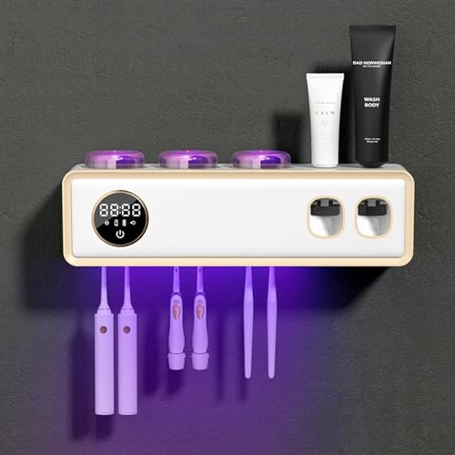 Halter für UV-Zahnbürsten-Desinfektionsmittel, UV Desinfektions Zahnbürstenhalter mit Trocknen, mit 2 Wand Badezimmer Automatischer Zahnpastaspender, LED-Touchscreen, 6 Zahnbürstenfächern-White