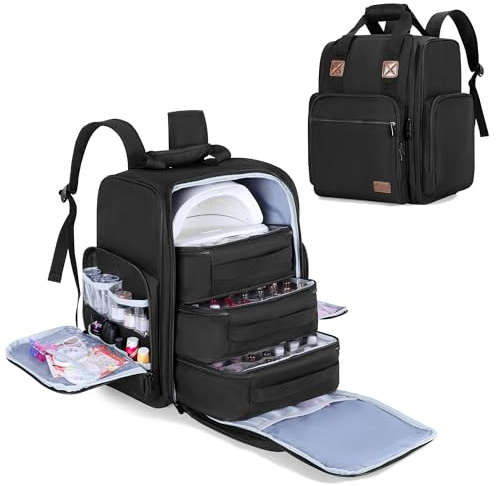 BAFASO Nail Polish Organizer Backpack Holds 105 Bottles (15ml - 0.5fl.oz) and a Nail Lamp, Nail Polish Backpack with 3 Removable Pouches and Multiple Tools Storage Pockets (Patented), Black