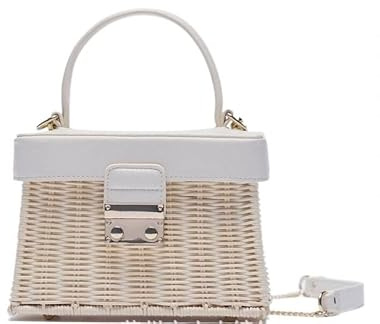 Strohtasche,Strandtasche Weiß Customized Flip Vintage Strohhandtasche Gewebte Crossbody Taschen Lässig Tragbar für Frauen Korb Straw Rattan Tasche Frauen Box (Color : White, Size : Natural)