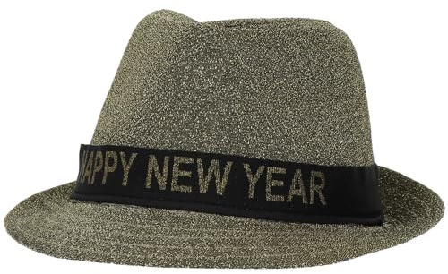 Folat B.V.- Folat 04473 Sombrero Trilby 'Happy New Year' Lurex Dorado - Nochevieja Decoracion fin de año Oro Negro, Color