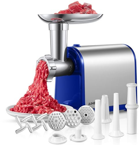 Aiheal Electric Meat Grinder with 2 Blades and 3 Plates, 2000 Watt Max, 3 Tubes for Sausages and Cubbe Set, Heavy Duty Steel Meat Grinder