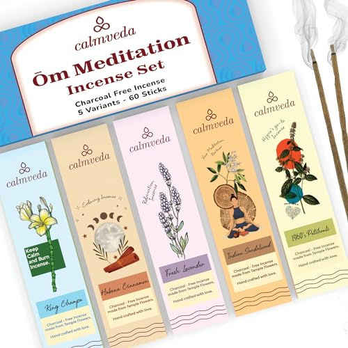 Calmveda Meditation weihrauch Räucherstäbchen Set - (90 gm Incense Sticks) Sauber,ohne Kohle räucherstäbchen Bio qualität | enthält Sandelholz, Lavendel, Patchouli, Nag Champa, Zimt räucherwerk