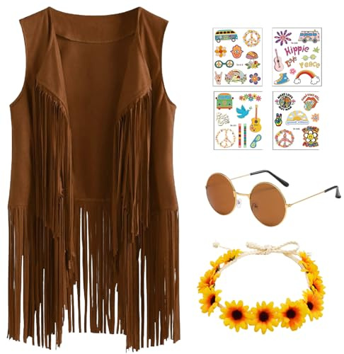 Boyigog Hippie Kleidung,60er 70er Jahre ärmellose Weste,Damen Fransen ärmelloses Hippie Kostüm mit Sonnenbrille, Tattoo Sticker, Stirnband Halskette Mädchen Disco Fancy Dress up Kostüm Outfit (XXL)