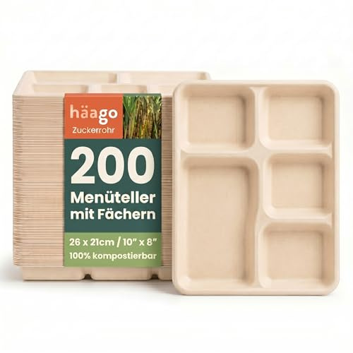 HAAGO 200 Zuckerrohr Bagasse Einwegteller, 5-Geteilte Menüteller, 26cm - Stabil, Biologisch Abbaubar, Umweltfreundlich & Home Kompostierbar