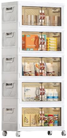 Kunststoff-Aufbewahrungsschränke mit Rädern, 5 x 63 L Raum-Organizer, stapelbare Aufbewahrungskörbe mit Deckel, zusammenklappbare Aufbewahrungsbox mit Türen, klappbarer Aufbewahrungs-Organizer für