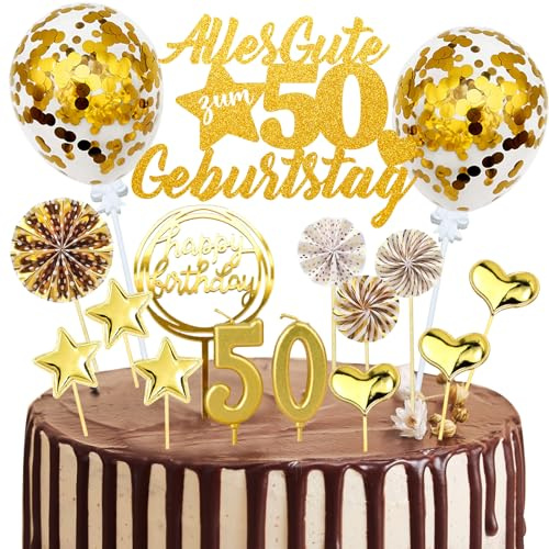 Tortendeko 50. Geburtstag für Mann und Frau - 20 Stück Gold Kuchendeko Cake Topper mit Glitzer Kerzen, Konfetti, Luftballons und Papierfächer