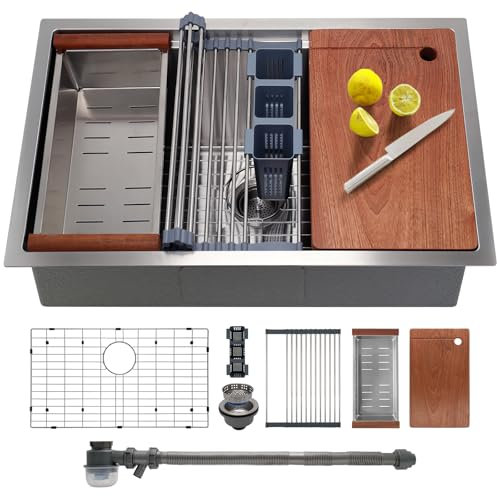 SANYCASA 27 Inch Undermount Kitchen Sink with Quiet Drain - 11 Gauge Stainless Steel, Single Bowl - Multifunctional Handmade Modern Integrated Ledge Workstation Set -