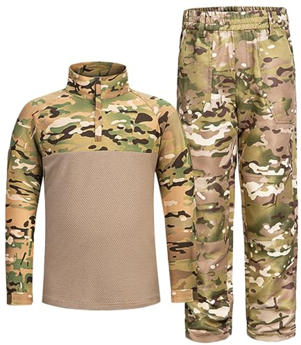 QIYUANT Children's Outdoor Tactical Camo T Shirt & Pants Sets Summer Airsoft Military Camouflage Combat Hunting Hiking Camping for Boys Girls Men Women (CP/Shirt + Pants, 140)