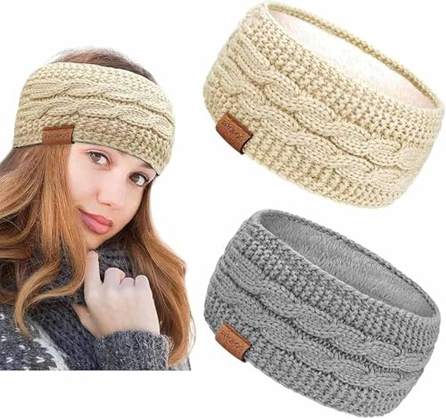 PROPOG Stirnband Damen Winter, 2 Stück Strick Ohrenwärmer Damen Verdicken Haarband Gefüttert stirnbänder Fleece Kopfband Warmes Headband Weihnachtshaarreif Accessories für Laufen Workout Skifahren