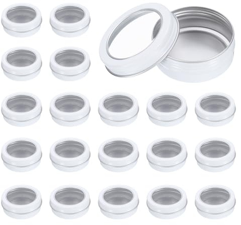 sourcing map Latas de 2 onzas, 24 latas redondas de aluminio, pequeñas latas de metal de tamaño de viaje, recipientes de muestra de cosméticos con tapa transparente para barras de loción, bálsamos