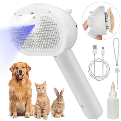 Pet Steam Brush for Shedding, 4 In 1 Brush for Long & Short Haired Cat&Dog, Self-Cleaning Hair Remover with Water Tank And LED Blue Light, Release Button(White)