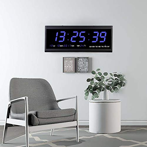 TESUGN Wanduhr Digital, 48cm LED Display Datumanzeige Creative LED Clock Wanduhr, Tischuhr Digital mit Datum, Woche, Temperatur für Schlafzimmer, Wohnzimmer (Blau Schrift)